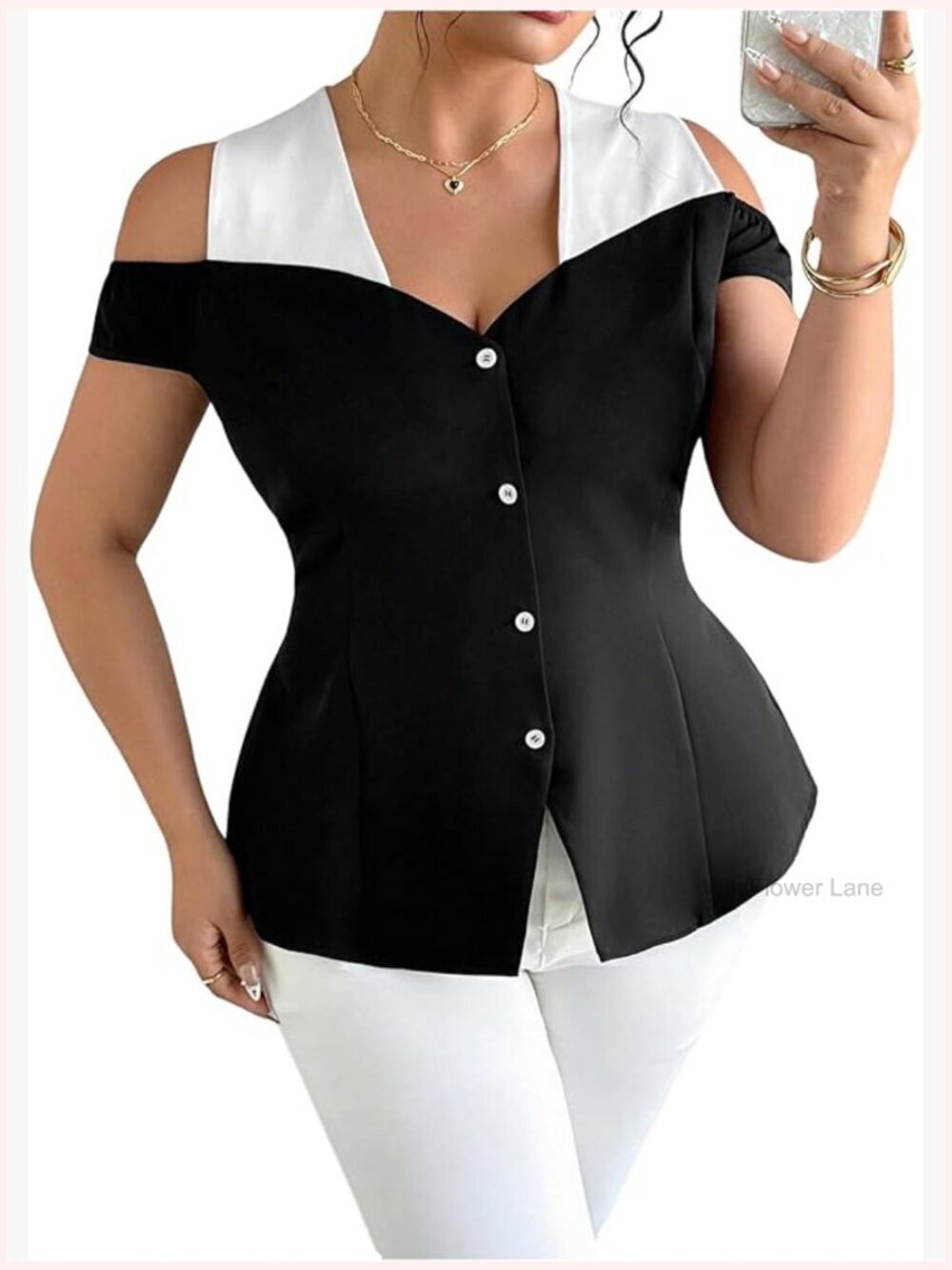 Plus Size Cold Shoulder Button Down Blouse Short Sleeve